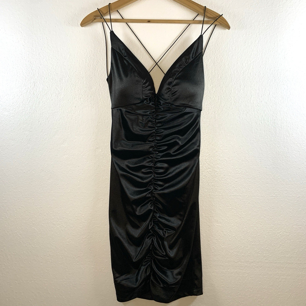 Womens Slinky Strappy Bodycon Mini Dress Sz S Black Cocktail Event‎ Hoco NYE